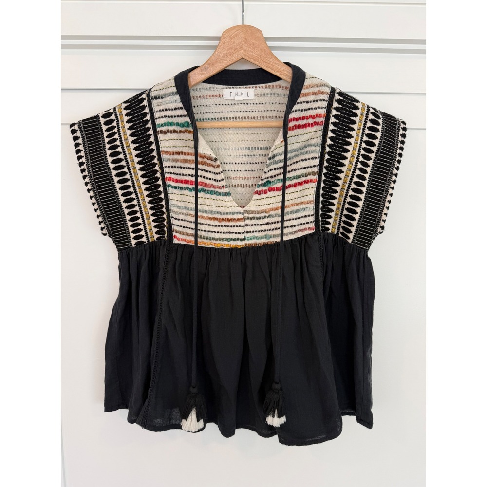 THML Boho Embroidered Tassel Tie Top Black Multi Color SRT0582-BK - Small